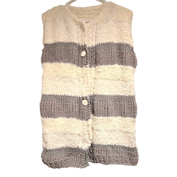 Handknit Chunky Textured Cap-Sleeve Long-Line Buttoned Neutral Striped Vest - Picture 1 of 8